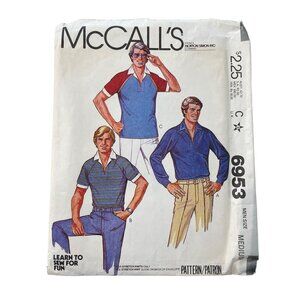 80s McCalls 6953 Sewing Pattern Size Medium Mens Pullover Top 1980 Vintage CUT